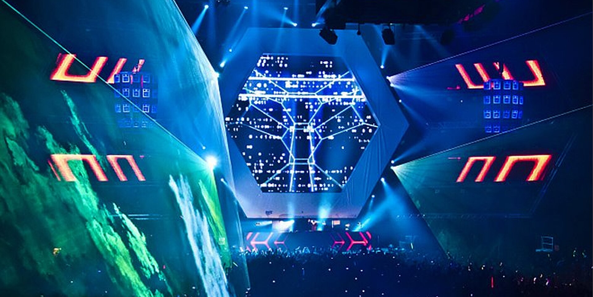 Festival stage with lasers and LED screens